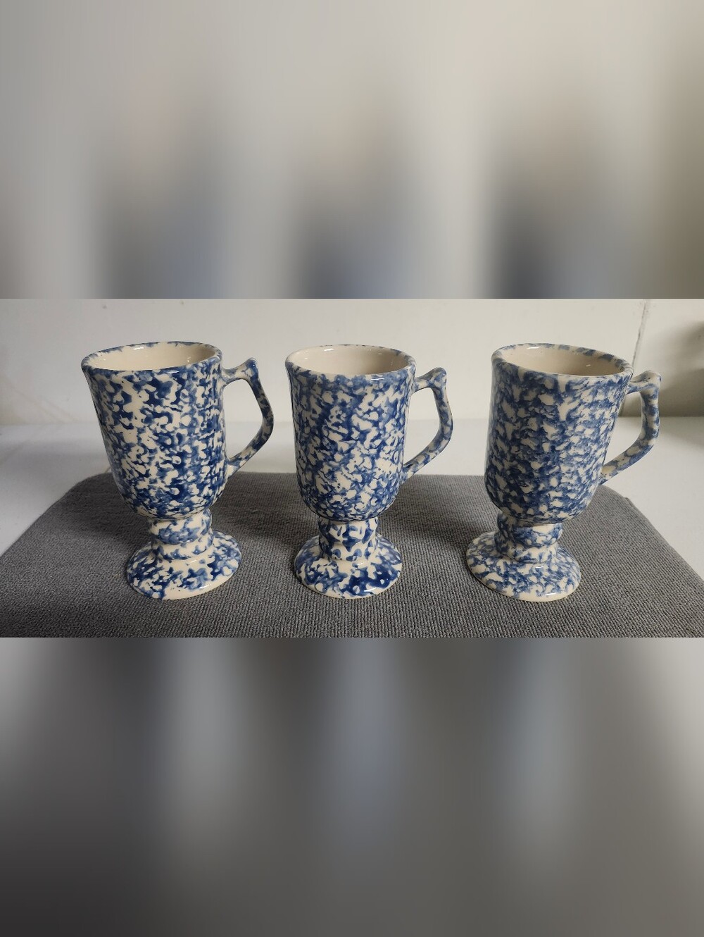Vintage Roseville Pottery Blue Spongware Ceramic Pedestal Mugs - Home Art